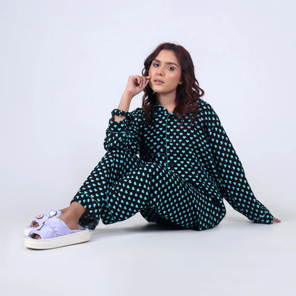 CUTE AQUA HEARTS PJ SET